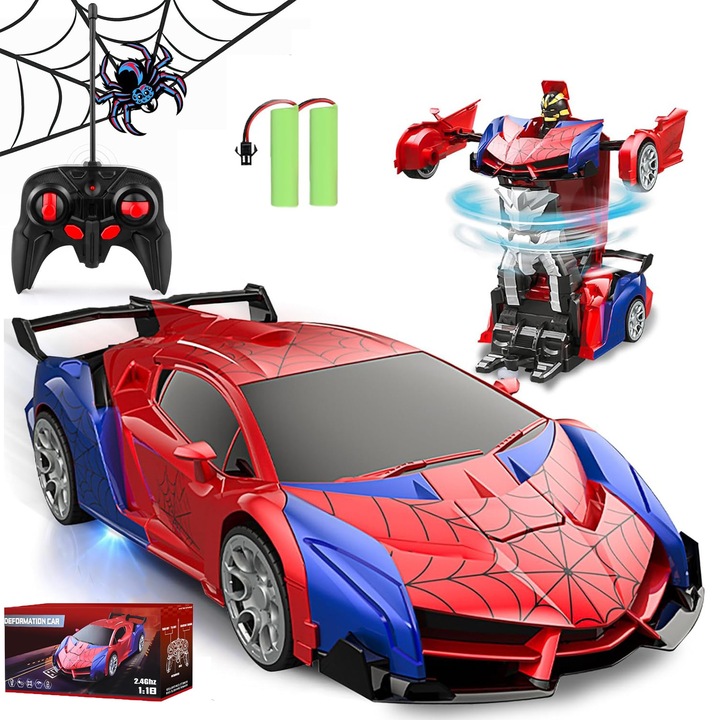 Robot transformer cu telecomanda, YOUKUKE®, Cu rotire la 360 de grade, Cu lumini, Usor de operat, Incarcare USB, 800mAh, 10km/h, Spider-Man, Pentru copii de 4+ ani, Rosu