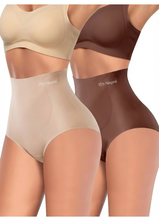 Set de 2 chiloti modelatori fara cusaturi pentru femei, talie inalta cu efect de subtiere, design 3D pentru ridicarea feselor, insertie antibacteriana 7A, senzatie de confort tip „nude”, marimea XL, Maro nisip