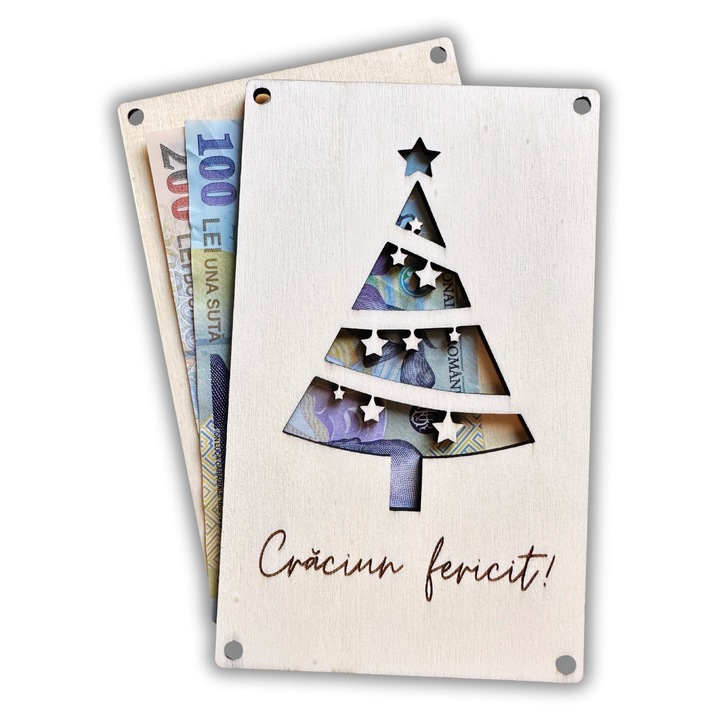Felicitare din lemn Craciun „Craciun fericit!” – Suport pentru bani, brad decupat, cadou elegant personalizat, secret santa