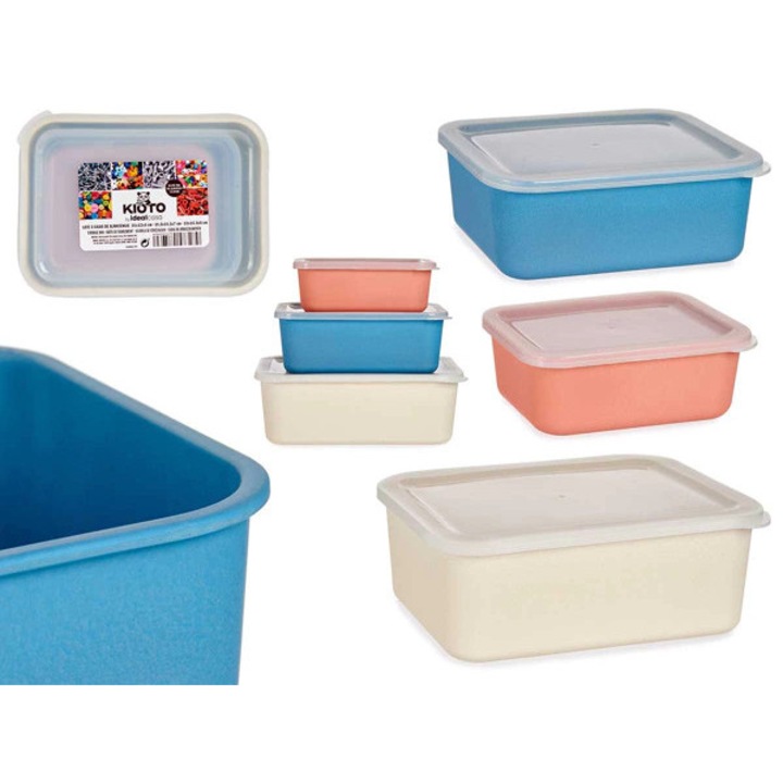 Recipiente depozitare bambus KIPIT® set 3 buc, 23x17x8 cm, coral, albastru si crem, recipiente depozitare bambus pentru bucatarie si camara, set 3 recipiente depozitare cu design modern, bambus usor de intretinut, organizare in dulap si pe blat, aspect de