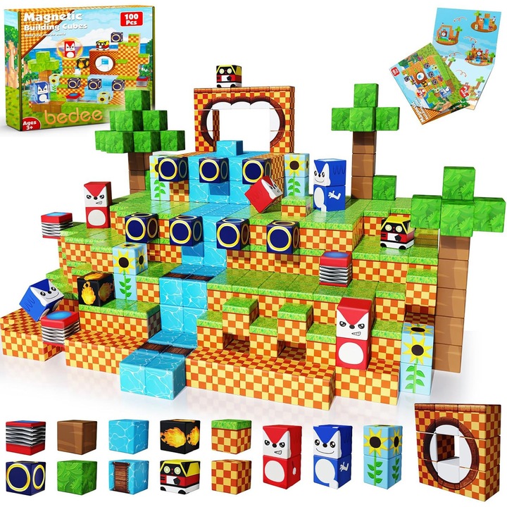 Blocuri Magnetice 100 Piese, Bedee, Set Constructii STEM Montessori, Jucarie Senzoriala Educativa, Cadou Sarbatori Paste Zile Nastere, Pentru Copii 3-12 Ani, Multicolor
