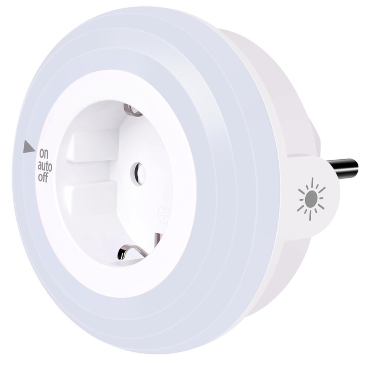 Veioza LED de noapte cu senzor crepuscular, priza automata On/Off, 4 niveluri de luminozitate reglabila, lumina calda 2700K, lampa economica pentru dormitor, hol, camera copii, 1 buc [Clasa E]