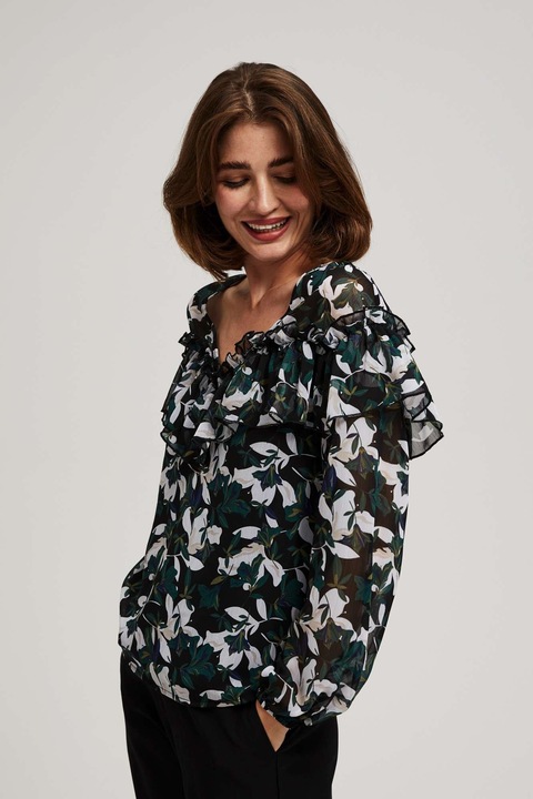 Fodormentes és Virágmintás Blúz, Fekete