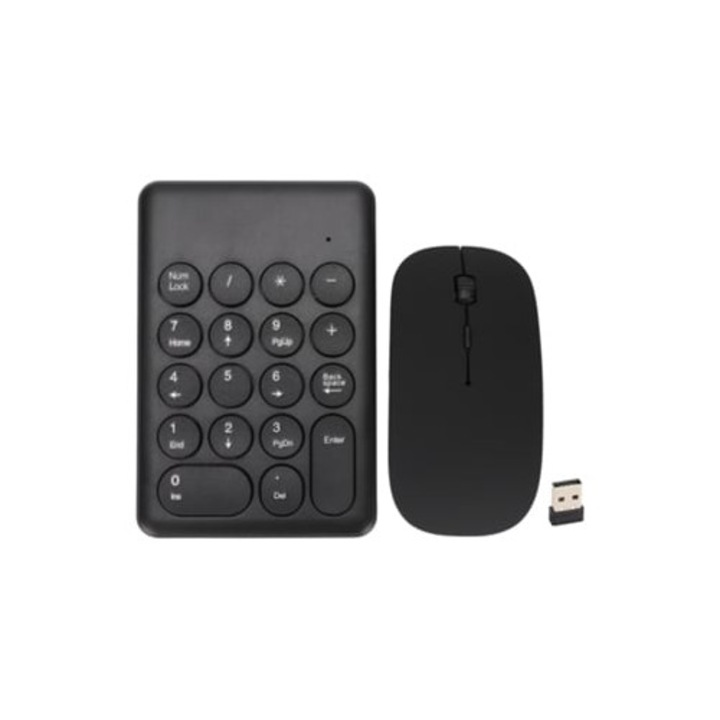 Tastatura numerica portabila wireless 2.4GHz, neagra, cu mouse, set pentru laptopuri si computere desktop