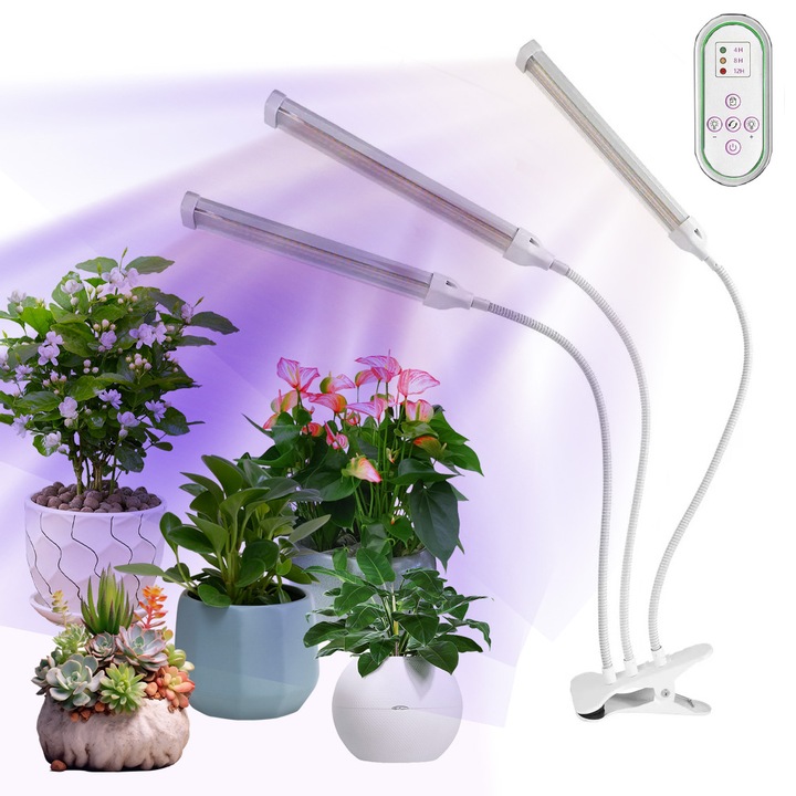 Lampa UV Full Spectrum pentru Cresterea Plantelor IDAMAKON cu Clips Lampa LED pentru Cresterea 28W 3 Capete 3 moduri Potrivit pentru Intregul Ciclu 315 LED-uri de Lumina Mov Dezvoltare Accelerata Telecomanda USB 4/10/12H cu Brat Flexibil Alb