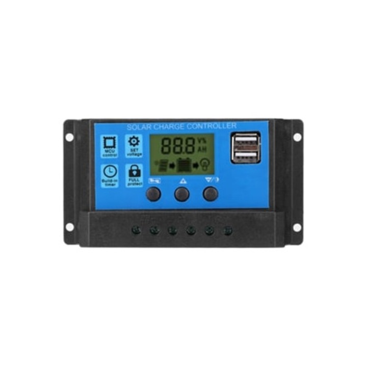 Controler de incarcare solara cu 2 porturi USB, tehnologie PWM, display LCD, 12V/24V, protectie inteligenta