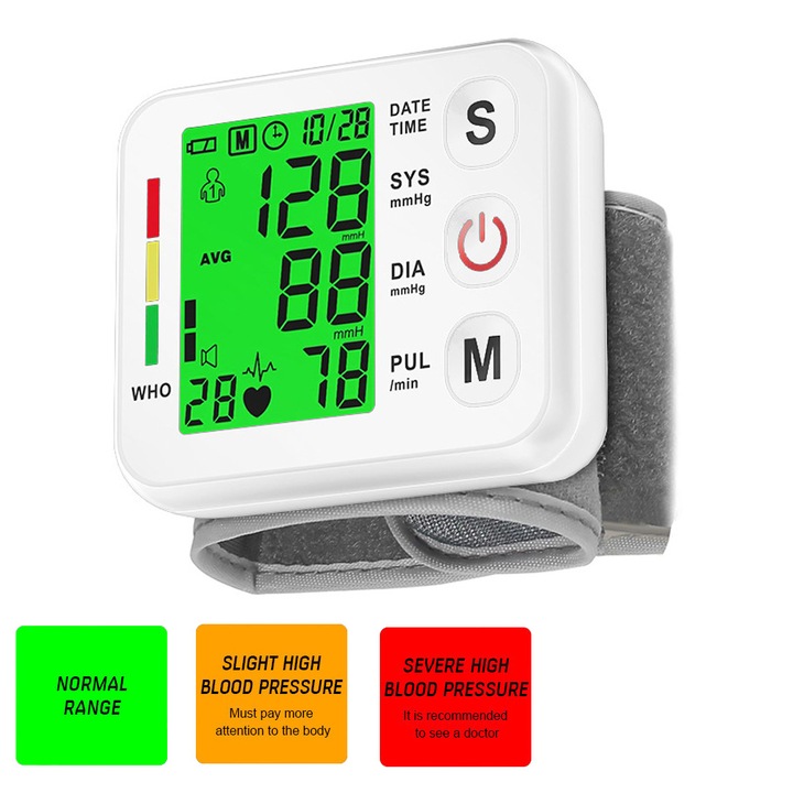 Tensiometru Brat Electronic IDAMAKON Tensiometru de Incheietura Afisaj LCD cu Caractere Mari Memorie x99 Citiri Auto-masurare Functie Presurizare Inteligenta Detectare Aritmii Puls Oscilometric Manseta Reglabila Alb