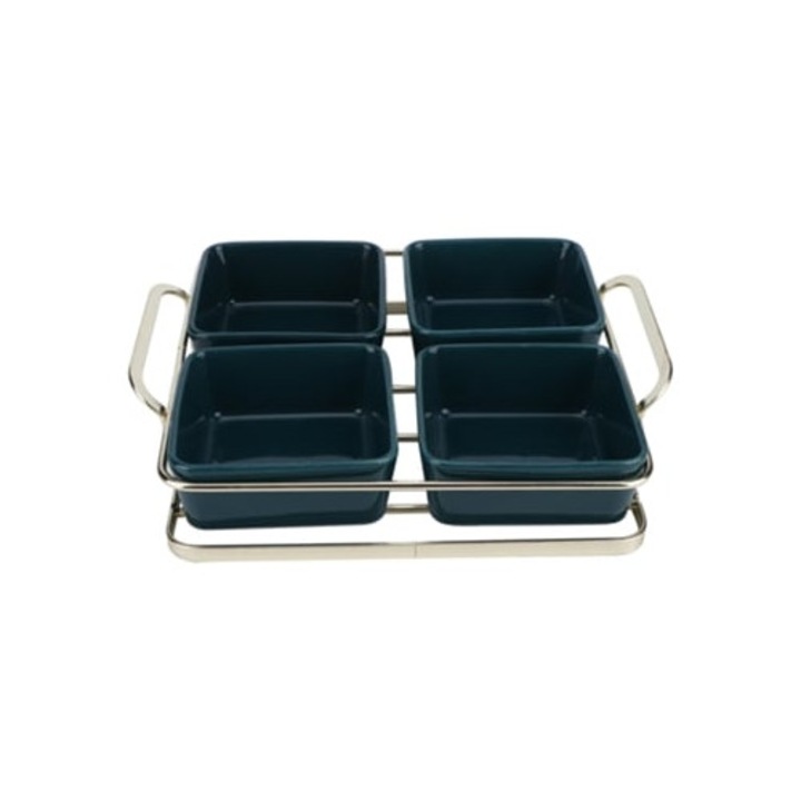 Platou ceramic pentru fructe, cu suport verde, cu rafturi separate pentru deserturi, nuci si gustari