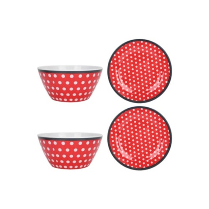 4 részes tányérkészlet, piros, gyümölcstányér, tortatányér, vacsoratányér, konyhai tálca