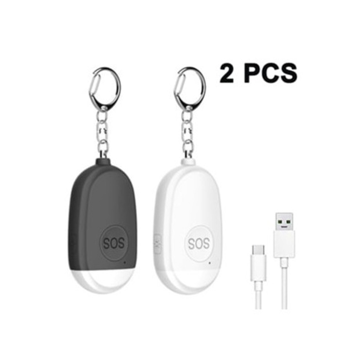 Személyi riasztó szett, 2 db, vészhelyzeti LED, USB-ről tölthető, fekete/fehér