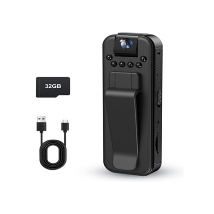 Camera de corp mini 1080P, 32GB, portabila, cu vedere nocturna, negru