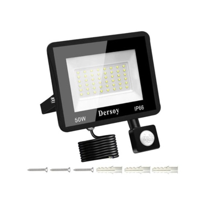 Proiector LED, 50W, cu senzor de miscare, 3600LM, alb rece, 6500K, impermeabil IP66