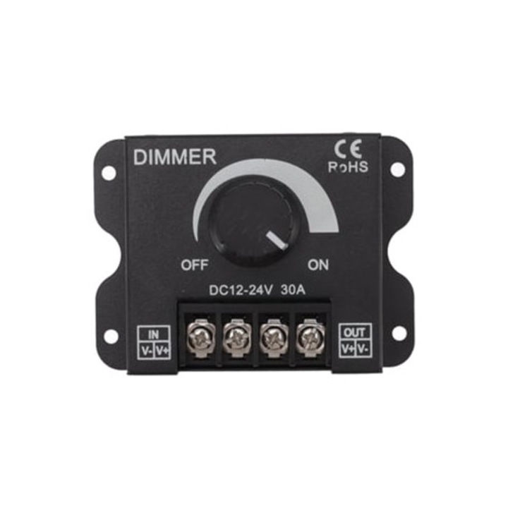 Controler dimmer LED PWM, canal unic pentru benzi, 12V 24V, 30A, negru