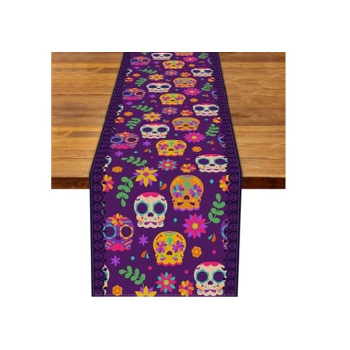 Runner de masa din in rustic cu craniu de zahar mexican, 13x72cm