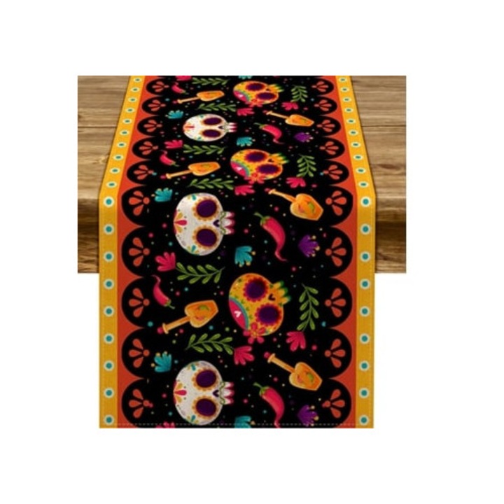 Servet rustic din in cu design craniu de zahar mexican, 13x72cm