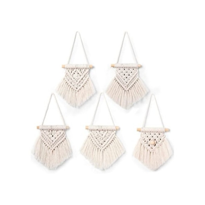 Set 5 bucati macrame decorative mini, stil boho, pentru decorare perete, camera, birou