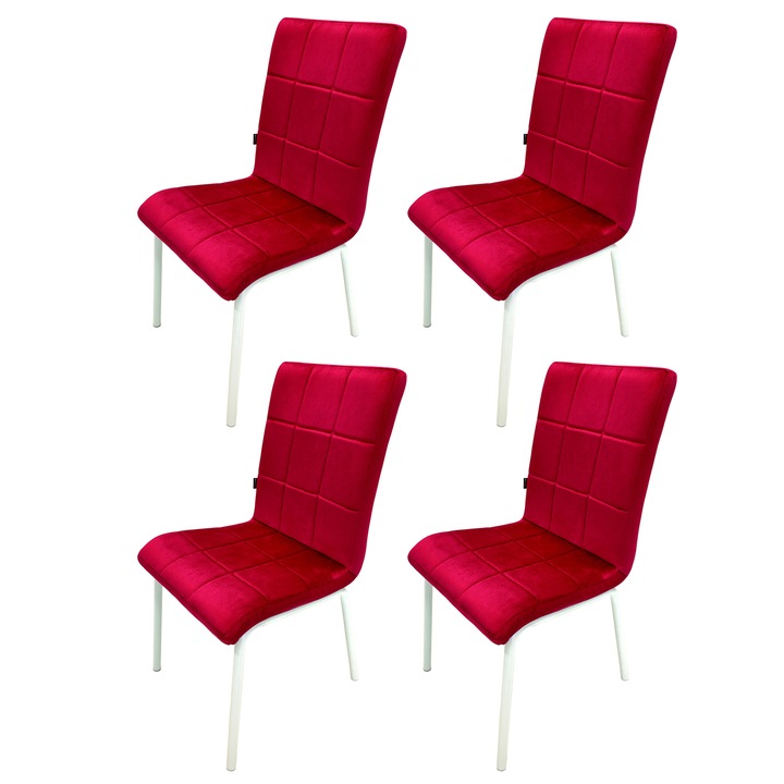 Set 4 scaune DENVER Miami, tapitat cu catifea visinie, picioare metalice albe, 53x53x82 cm