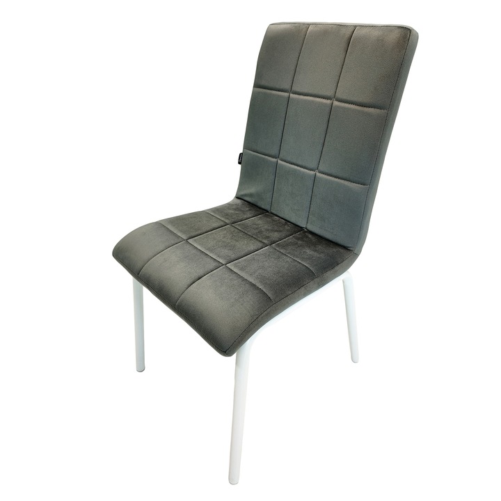 Scaun DENVER Miami, tapitat cu catifea gri, picioare metalice albe, 53x53x82 cm