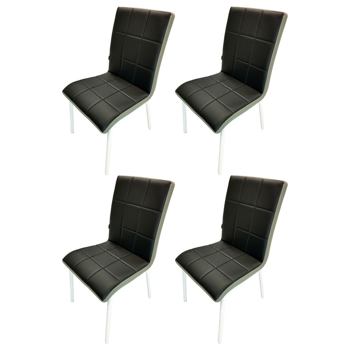 Set 4 scaune DENVER Miami, tapitat cu piele ecologica negra si gri, picioare metalice albe, 53x53x82 cm