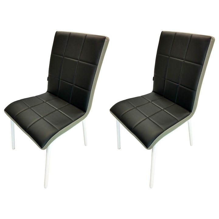 Set 2 scaune DENVER Miami, tapitat cu piele ecologica negra si gri, picioare metalice albe, 53x53x82 cm