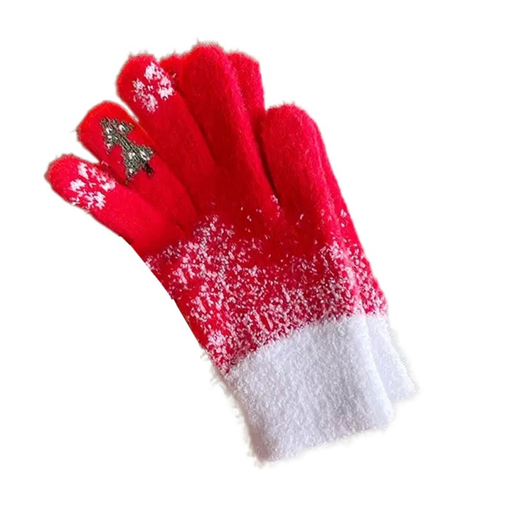 1 pereche de manusi cu ecran tactil cu tematica de Craciun, manusi calde de iarna pentru femei, potrivite pentru activitati pe vreme rece, rosii, marime universala