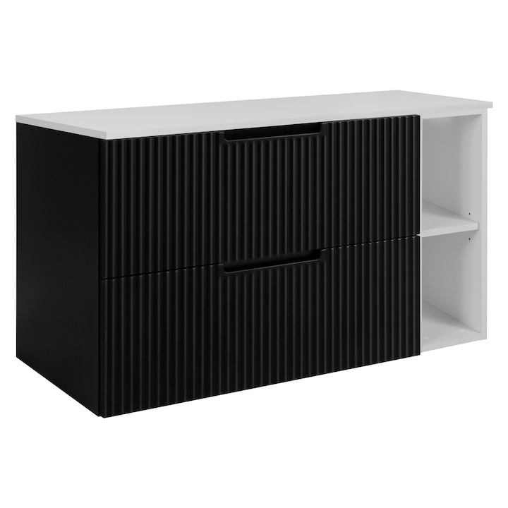 Шкаф за баня с плот и рафтове, Родан, Вена, 80x57x46 см, материал МДФ, ламинирана плоскост 16 мм, гръб - HDF - 3 мм, ABS кантове, плавно затваряне Soft Close, профилирана предна част, 2 чекмеджета, черно/бяло