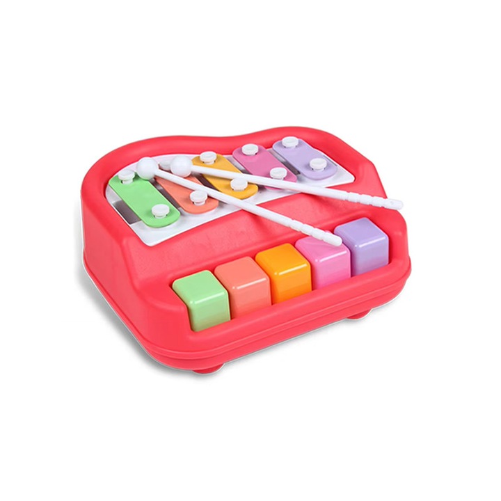 Set xilofon si pian pentru copii - Pian de jucarie interactiv 2 in 1 si xilofon pentru copii, 7.8x6.2x2 inch, pentru baieti si fete 1-3 ani, Roz