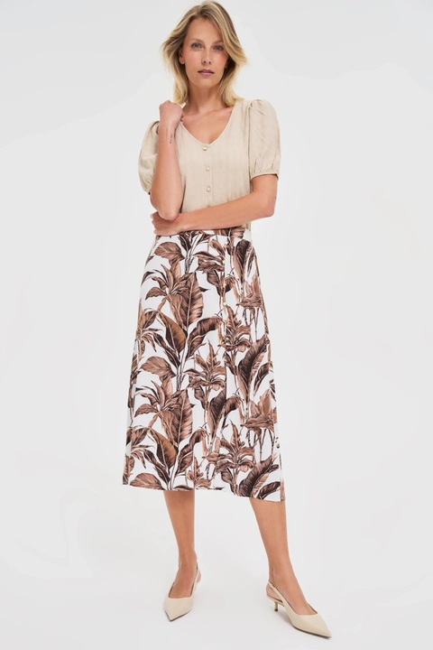 Fusta midi brown cu imprimeu floral, Maro inchis