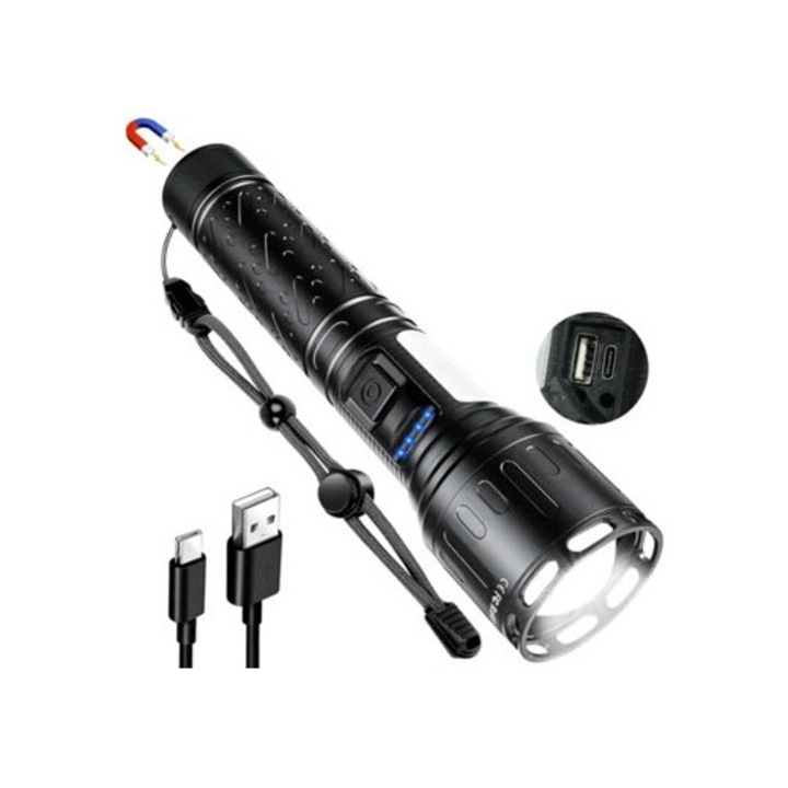 Акумулаторен тактически LED фенер Ikikso с магнит, 8 режима, черен