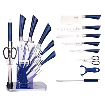 Set de cutite Bohmann inox turnat 9 piese, Foarfeca, curatator legume si Dispozitiv de Ascutit Suport inclus, argintiu/albastru Set de cutite Bohmann inox turnat 9 piese, Foarfeca, curatator legume si Dispozitiv de Ascutit Suport inclus, argintiu/albastru