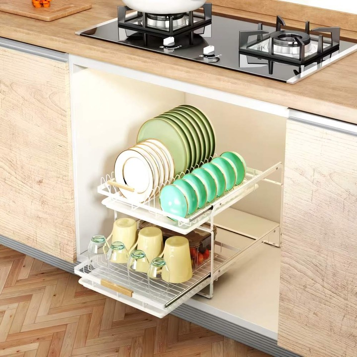 Edényszárító, 2 szintes, kihúzható, tárolás és rendszerezés, konyhai rendszerező tányér-, pohár- és evőeszköztartóval, levehető, nagy kapacitású, 38 x 42,5 x 31,6 cm, fehér