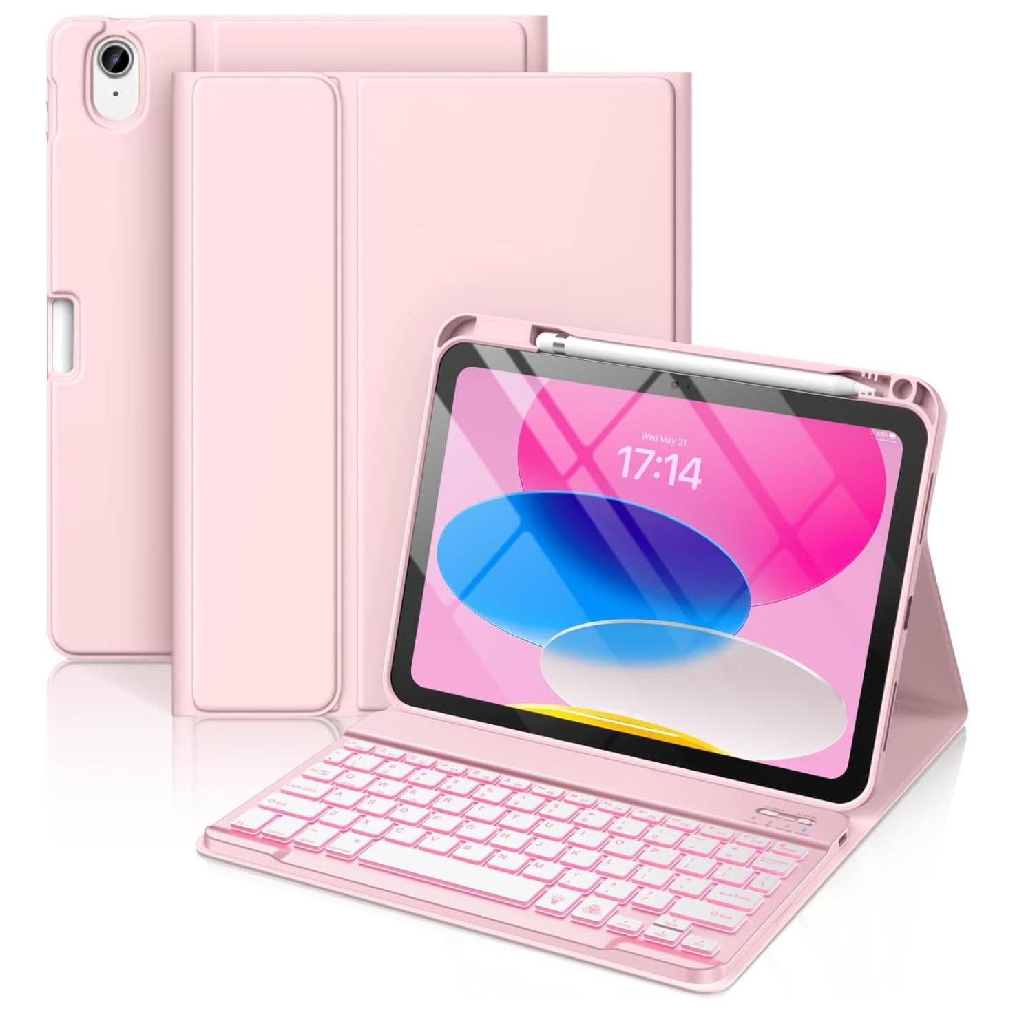 Husa cu tastatura wireless pentru tableta, compatibil cu iPad 11 (A16) 2025/10 2022, VIENOD®, husa detasabila cu tastatura wireless cu iluminare de fundal in 7 culori si suport pentru creion, Bluetooth USB Type-C functie stand si slot stylus, roz