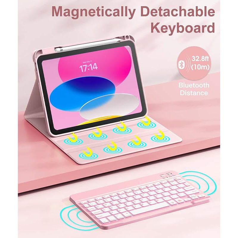 Husa cu tastatura wireless pentru tableta, compatibil cu iPad 11 (A16) 2025/10 2022, VIENOD®, husa detasabila cu tastatura wireless cu iluminare de fundal in 7 culori si suport pentru creion, Bluetooth USB Type-C functie stand si slot stylus, roz