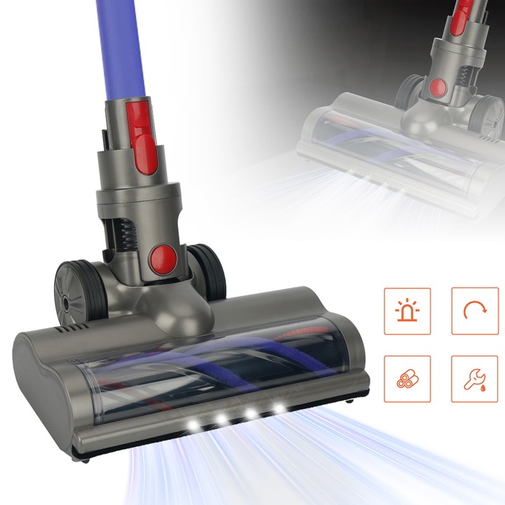 Perie de inlocuire pentru aspirator Dyson, Bedee®, Compatibil Dyson V7、V8、V10、V11, Design din fibra de carbon, Cu 4 lumini LED, gri, 25.5x11.5cm