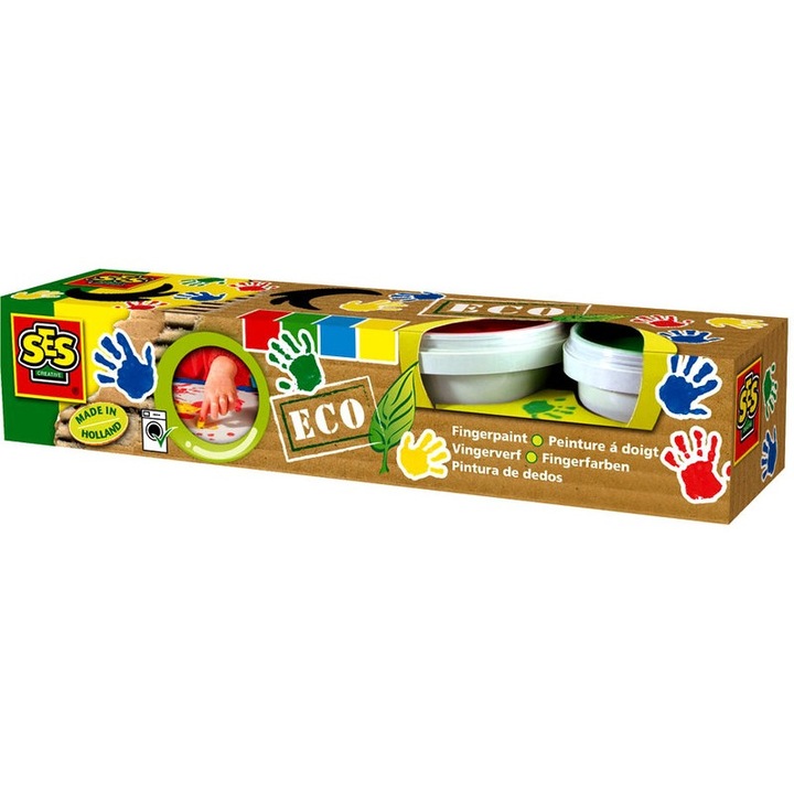 Set pictura SES Eco cu 4 borcanase vopsea degete, culori rosu, galben, albastru, verde, 440 ml