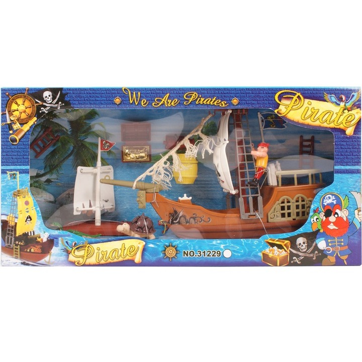 Nava de pirați din plastic, 27x8x19cm, set cu figurine