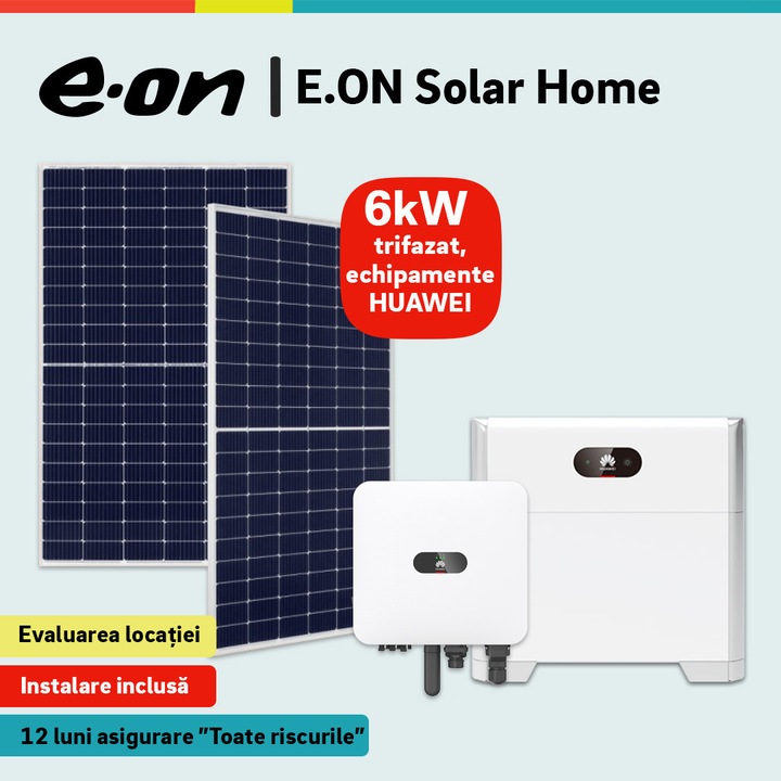 Sistem fotovoltaic 6 kW trifazat - invertor Huawei 6 kW - baterie Huawei 5 kWh - instalare inclusa - E.ON Solar Home