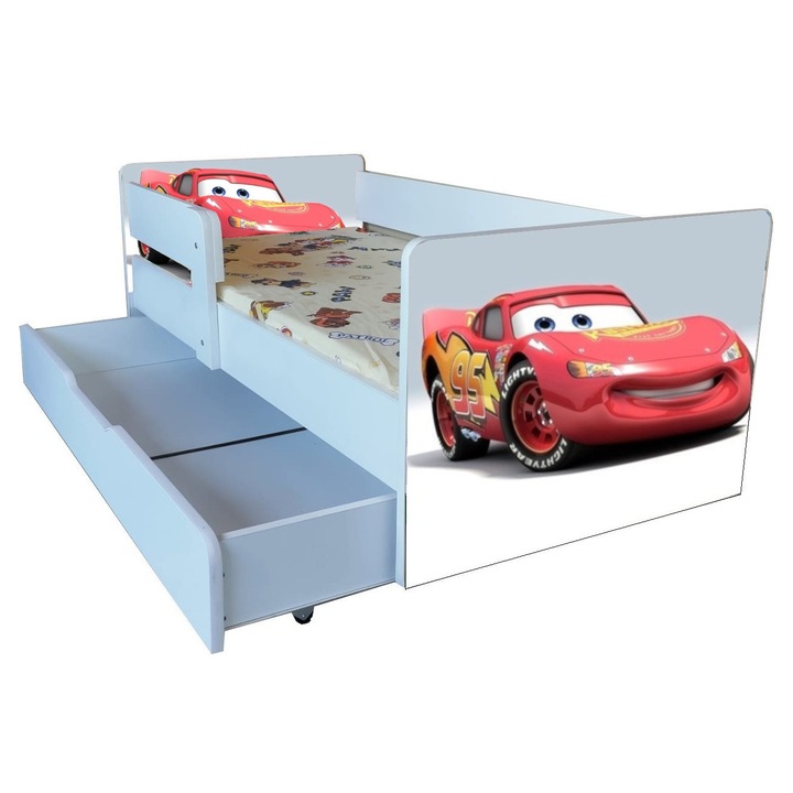 Pat copii Cars Fulger cu sertar, 144x76 cm, cu saltea inclusa