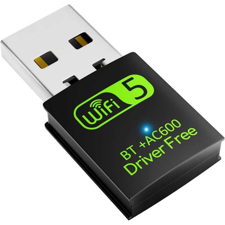 Adapter USB Wi-Fi Bluetooth, 600Mbps kétsávos 2.4/5GHz, külső vezeték nélküli hálózati vevő, mini stick PC-hez/laptophoz/asztali géphez