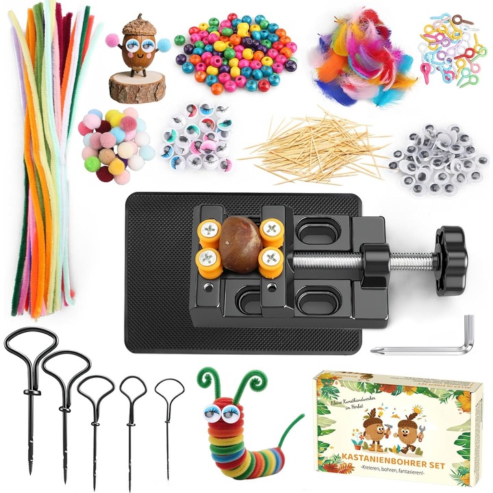 Set de gaurit castane, accesorii mestesuguri cu suport si burghie 1, 5-5 mm, sarme plusate, margele, pene, ochi de jucarie, DIY, multicolor
