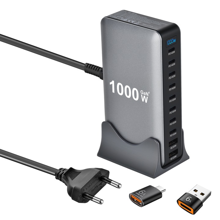 Set Incarcator USB-C GaN4 1000W TechEeee + 2 Adaptoare USB–USB-C OTG, 8x USB-C (140W/100W) + 2x USB-A QC 20W, Compatibil Laptop/iPhone 15/16/Galaxy/PS5, Ideal pentru Calatorii si Birou