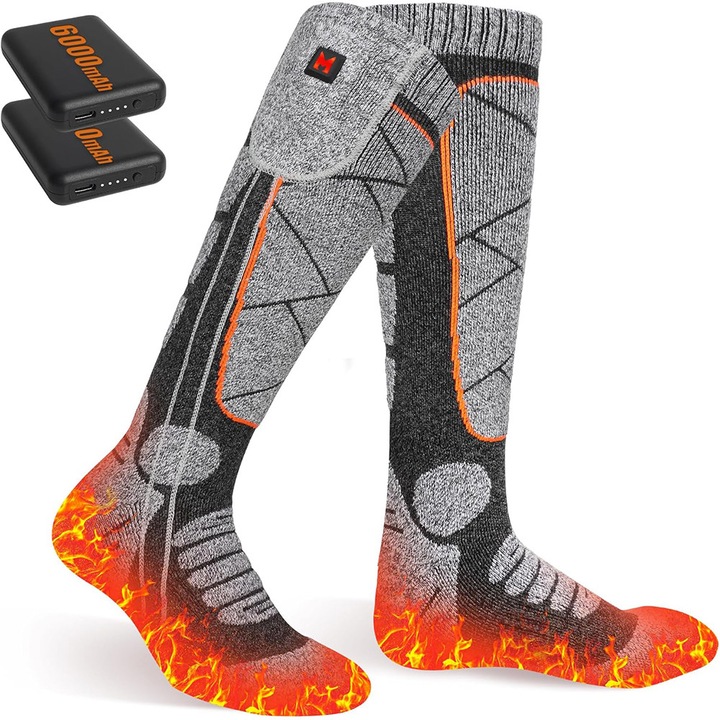 Set Sosete Incalzite Electric, cu Power Banks Incluse, BOMSTOM, 4000mAh, 3 Trepte de Caldura, Marimea 38-44, Gri