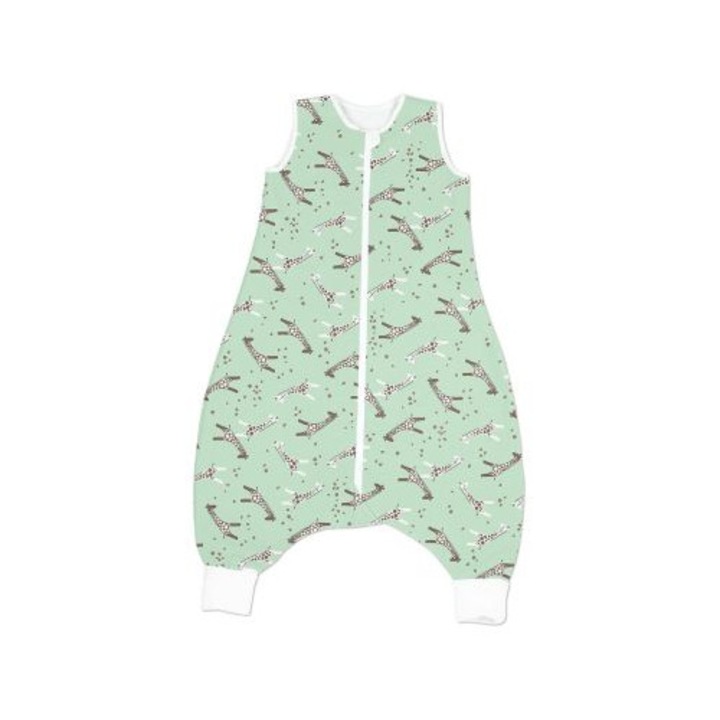 Sac de dormit copii cu picioare din bumbac flausat 6-18 luni Kidizi Giraffe Mint,1 tog, model ajustabil, mansete transformabile in sosete