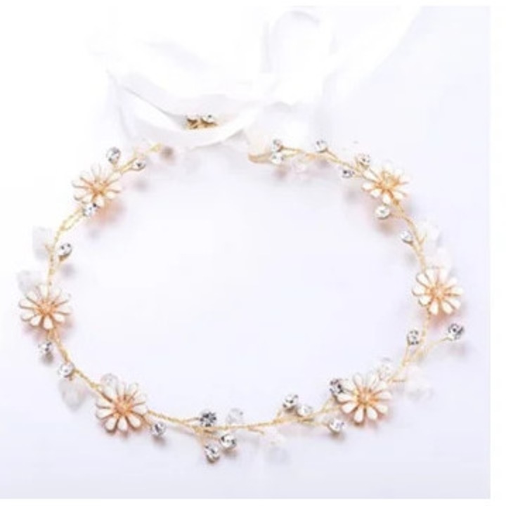 Булчинска тиара с маргаритки, аксесоари за коса, перлени кристални цветя, диадема