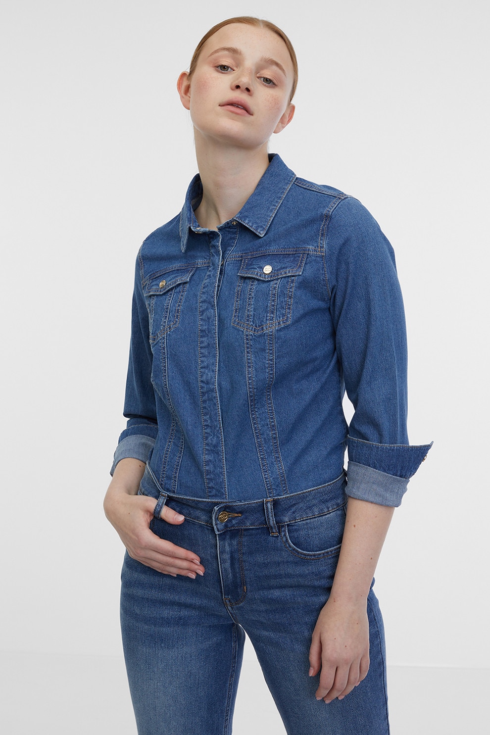 Orsay, Camasa din denim cu buzunare pe piept, Albastru melange, 36