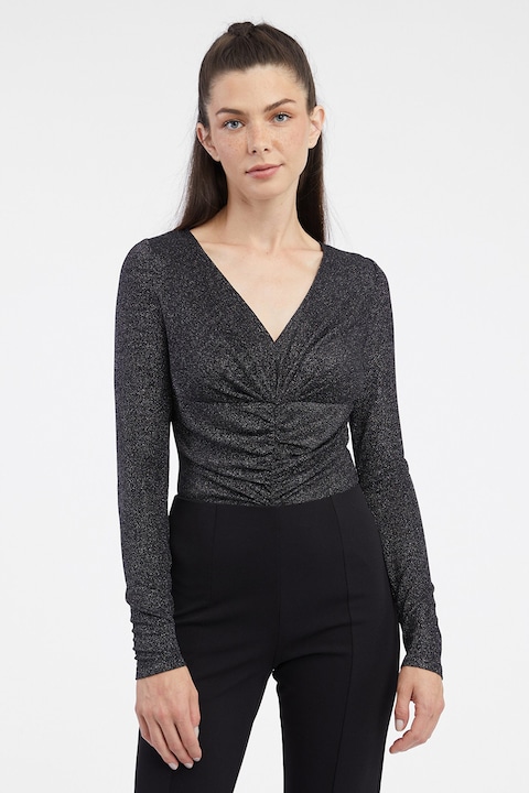 Orsay, Body stralucitor slim fit cu drapaj, Negru/Argintiu