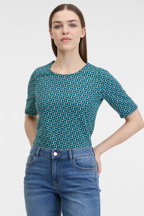 Orsay, Bluza cu model si decolteu rotund, Alb/Negru/Verde persan