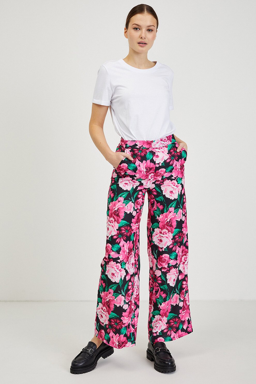 Orsay, Pantaloni cu croiala ampla si model floral, Negru, Fucsia, Turcoaz, 36