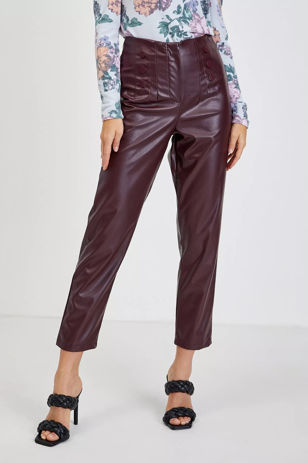 Orsay, Pantaloni crop din piele ecologica si talie inalta, Violet tyrian, 38