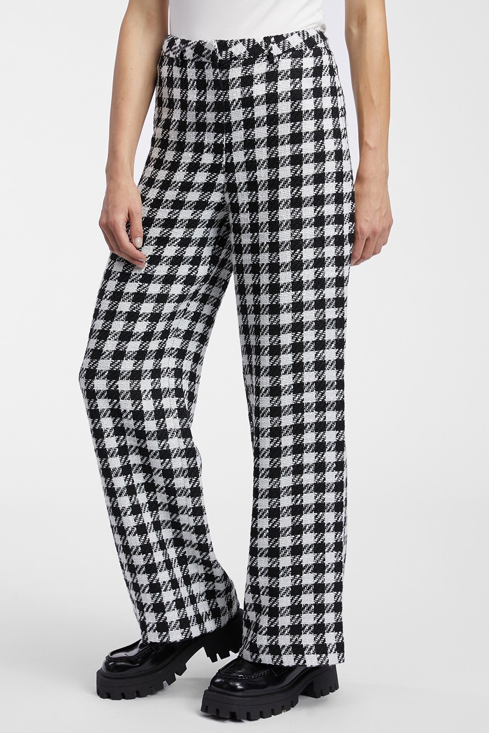 Orsay, Pantaloni cu talie inalta si model in carouri, Alb, Negru, 36